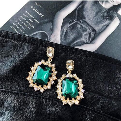 Gold Color Earrings Emerald Green Square Heart Stone Pierced Dangle Earrings Women Drop Earrings fashion jewelry