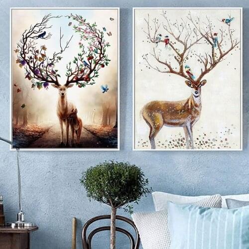 Nordic Modern Elk Forest Canvas Painting Small Fresh Watercolor Animal Poster Wall Art Pictures for Living Room Decor Aesthetic