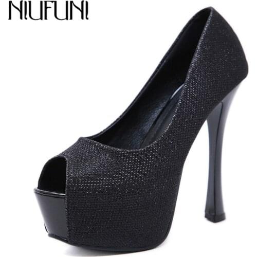 NIUFUNI 2020 Sexy Ultra High Heels Peep Toe Platform Pumps Black Sequined Shoes Women Glitter Party Dress Pumps