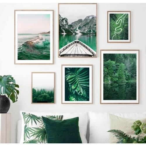 Green Forest Sea Mountain Leaf Landscape Wall Art Canvas Painting Nordic Posters And Prints Wall Pictures For Living Room Decor