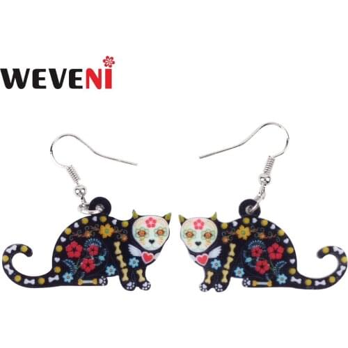 WEVENI Statement Halloween Floral Cat Kitten Earrings Cute Long Drop Dangle Animal Acrylic Jewelry For Girls Women Bijoux Bijoux