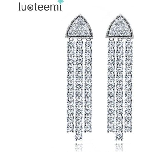 LUOTEEMI Women Tassel Earrings Korean Fahion Cubic Zirconia Earring Wedding Engagement Jewelry Set Dangle Long Drop Earrings