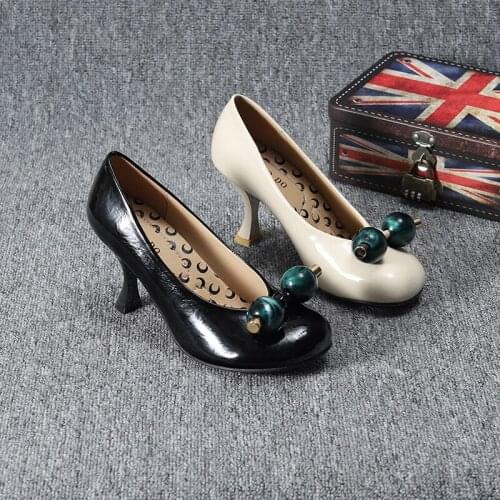 OLOMLB Womens Round Toe Match Colors Bow Knot Balls Strange High Heel Pumps Shoes Leather Black Beige New 2021