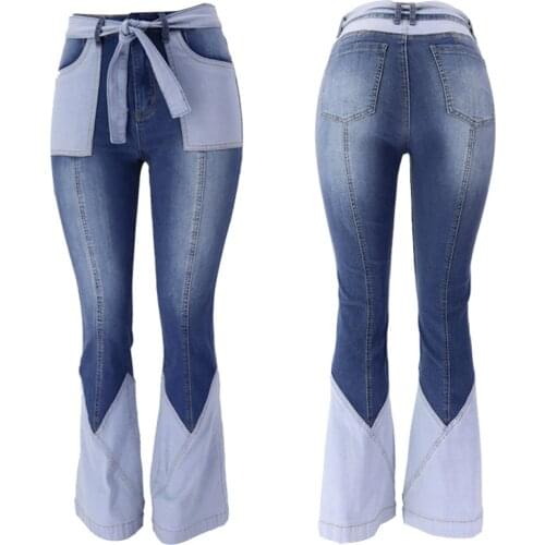 Women Vintage Retro Color Block Flare Jeans Colorblock and Patchwork Elastic Flare Pants Raw Belt Hem Denim Micro Flare Pants