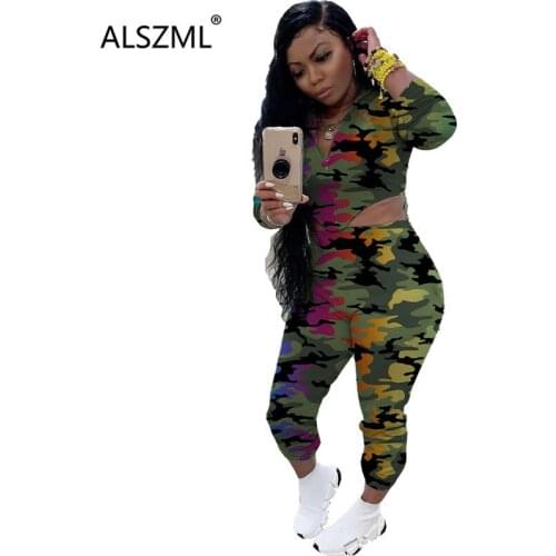 Camouflage Print Women Suit Long Sleeve 2 Pieces Tops And Long Pant Outfits Female Slim Track Suit