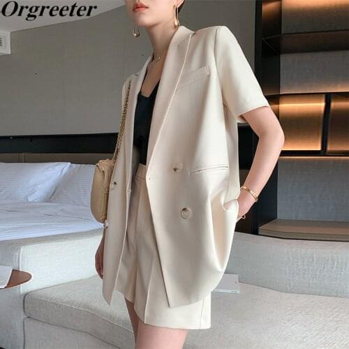 Vetement femme 2021 Summer New Suit Two piece set Women Lapel Double-breasted Short Sleeve Long Blouse + Shorts Ensemble Femme
