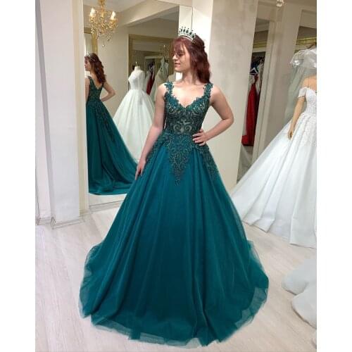 Teal Appliques Beaded Prom Dresses Double V Neck Ball Gown Formal Evening Party Ball Gowns Robe De Soiree