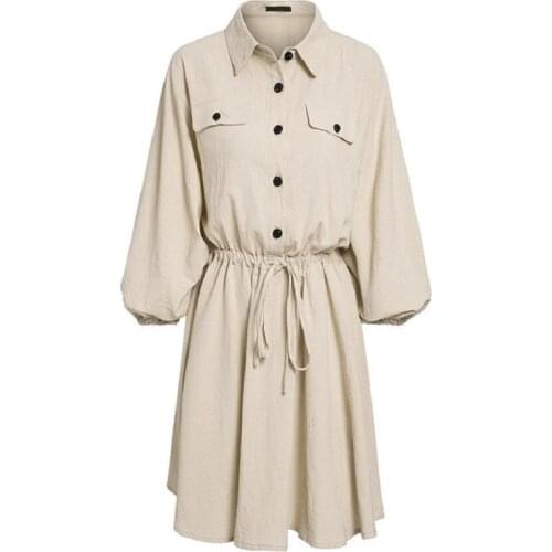 AECU Summer Vintage Cotton Linen Dress Elagant Women Mini Shirt Dress Lace Up Linen Female Dresses Lantern Sleeve Vestidos