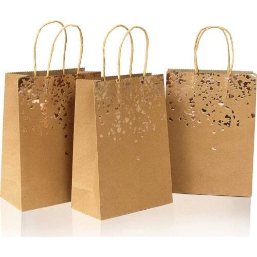 10pcs Kraft Paper Gift Bags Yellow Leather Love Handbag Birthday Wedding Christmas Celebration Biscuit Candy Food Snacks Bag