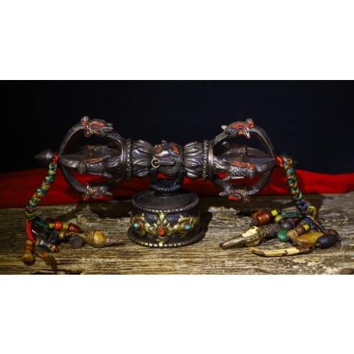 14" Tibet Buddhism Tiantie Tracing Mahakala head statue Skull Unicorn head Dorje Vajra Phurba Dagger Holder Exorcism