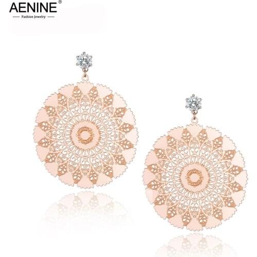 AENINE Titanium Steel Exquisite Geometric Pattern Circle Earrings Jewelry Rose Gold Anniversary Stud Earrings For Women AE18027