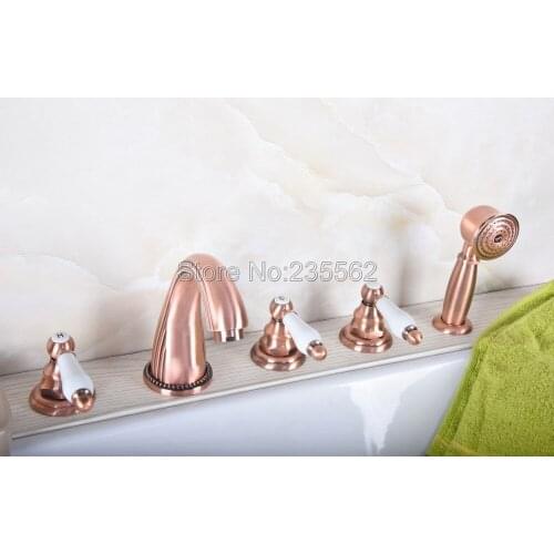 Antique Red Copper Bathtub Faucet Deck Mounted Bath Shower Set Brass Hand Shower Basin Mixer Tap Widespread Tub Sink Fauc ltf189