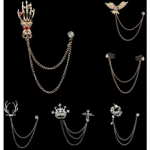 New Retro Men Suit Tassel Chain Lapel Pin Dragon Deer Crown Skull Hand Brooch Unisex Classic Vintage Punk Style Breastpin Gifts