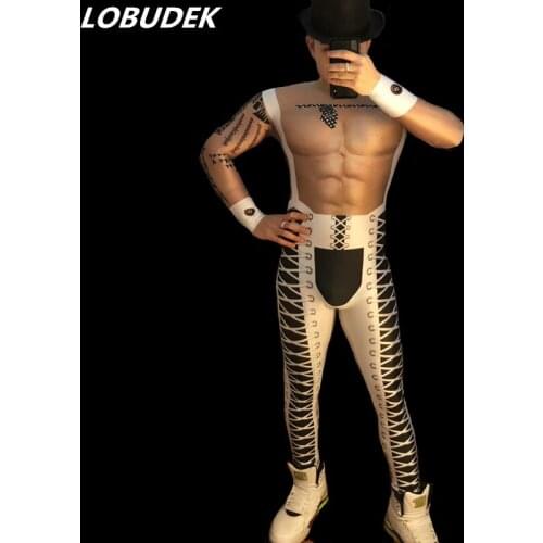 False Muscle Elastic Skinny Jumpsuit 3D Pattern Printing Leotard Nightclub Bar Party Show Stage Wear Pole Dancing Sexy Costume