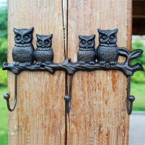 European Vintage Four Owls On Branch Design Cast Iron Wall Decor Hook with Three Hangers