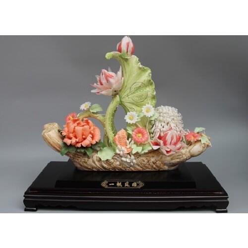 Art Lotus porcelain carving is smooth sailing high-end accessories Home decoration luxury Ceramic sculpture art creative home