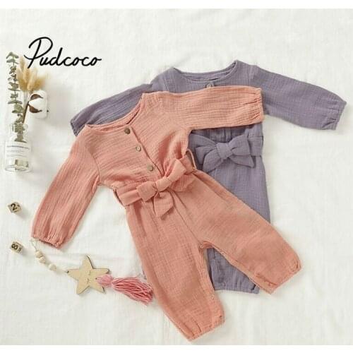 Cotton Linen Spring Fall Newborn Baby Girl Boy Clothes Long Sleeve Knitted Romper Bow Design Jumpsuit One Piece Outfit 0-24M