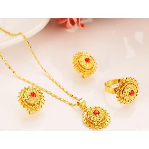 Gold Color cz stoneEthiopian Jewelry Sets Eritrea Habesha Africa bridals Wedding jewelry Gift necklace pendnat earrings charms