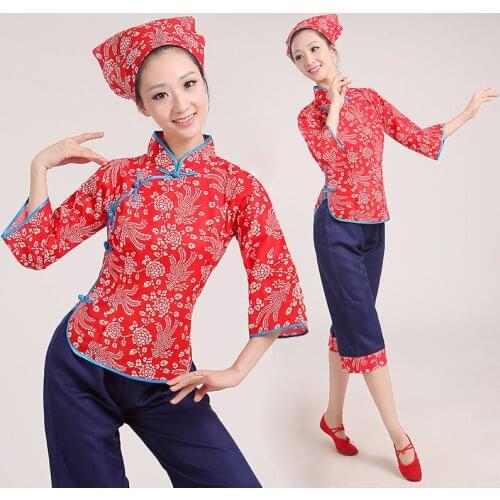 Top+Pants+Kerchief Woman Chinese National Yangko Dance Costume Female Chinese New Year Waist Drum Dance Clothing Sets Stage 89