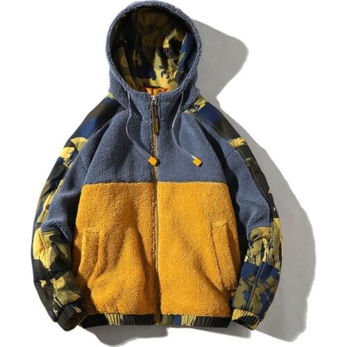 New Trend Lambswool Jacket Men Hooded Spliced Camouflage Sleeve Coat Loose Thick Mens Jacket Casual Windproof Coat