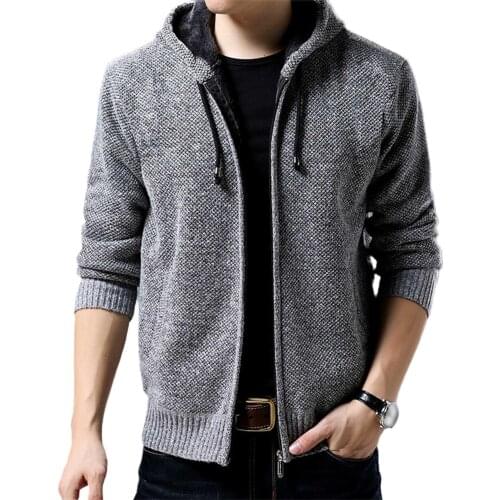 Fashion Men Autumn Winter Long Sleeve Plush Liner Zip Pockets Knitted Hooded Coat Jacket Knit Outwear Coat Sweater Male Clothing