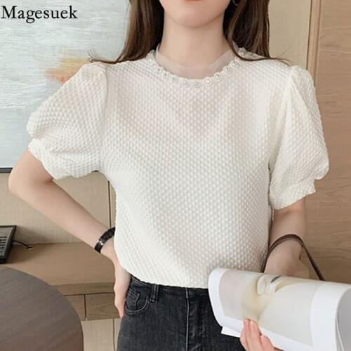 Fashion Casual Summer Women Blouse 2021 Short Sleeve Tops Loose O Neck Womens Shirt Cotton Female Clothing Chemise Femme 14031