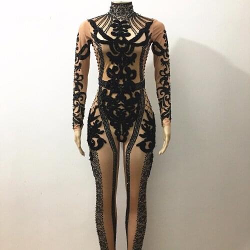 Fashion Shining Black Crystals Jumpsuit Glisten Rhinestones Nigthclub Performance Outfit Party Celebrate Costume Stage Rompers
