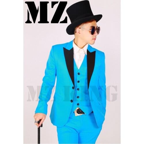 Plus Size Mens Brand Suits Fashion New Stage Male Singer Blazer Nightclub Lake Blue Suit Vest Costumes Formal Suit