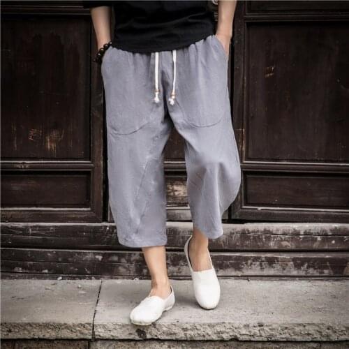2021 Men Cotton Linen Baggy Wide Leg Pants Men Hanging Crotch Hip Hop Bloomers MenS Calf-Length Cross Pants Trousers 30482