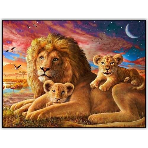 Landscape 5d DIY Diamond Painting Kit Lion Family In The Sunset Wall Art Full Drill Square Diamond Mosaic Embroidery Paintings