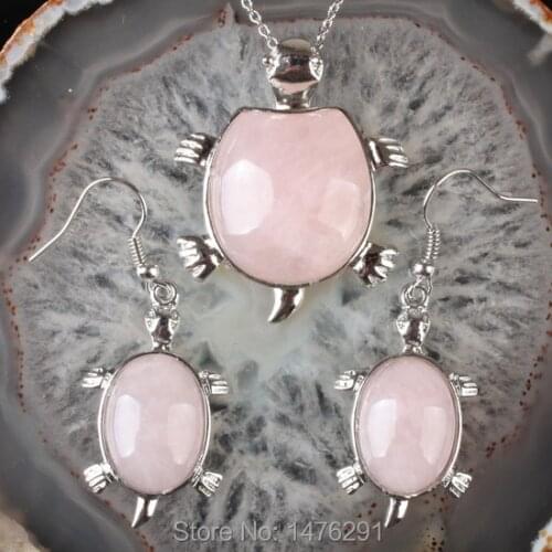 New Natural Rose Pink Quartz Tortoise Turtle Bead Dangle Earrings & Pendant 1 Set