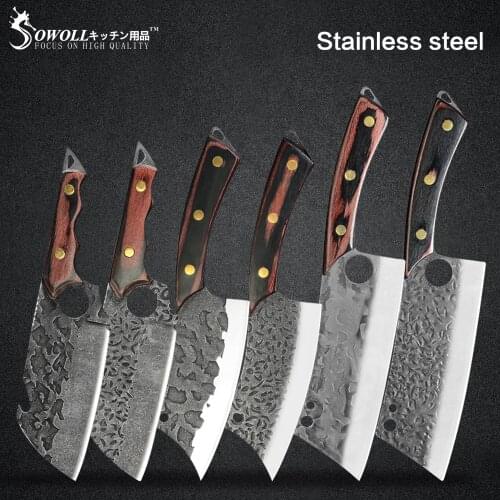 Sowoll 6'' 6.5'' 7.5'' INCH Butcher Cleaver Handmade Forged Stainless Steel Knife Chopping Deboning Filleting Sword Serbian Tool