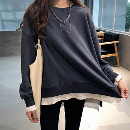 Fake Two Piece Hoooded 2020 autumn korean Plain Pullover Oversized Casual Tops Girls Sweet Shirts Sweatershirt fashion new