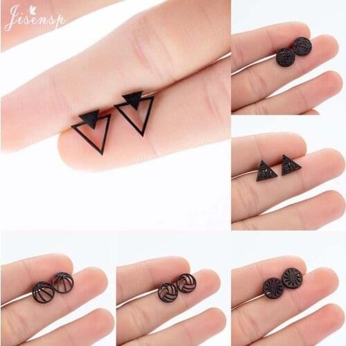 Jisensp Black Color Triangle Earrings for Women Men Punk Geometric Stainless Steel Stud Earring Fashion Ear Piercing Jewelry