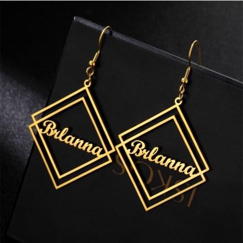 Stainless Steel Customized Personalized Square Geometric Name Earrings for Women Girl Custom Letter Charm Earrings