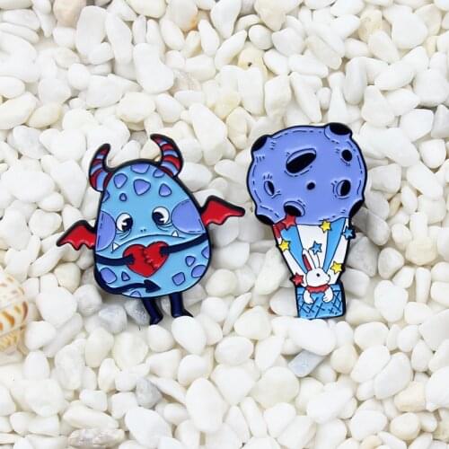 Blue Badge Flying devil dinosaur egg Enamel Brooch Rabbit in hot air balloon star Lapel Pin Cartoon Animal Brooches