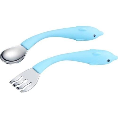 Cute Cartoon Food Grade stainless steel PP Baby Spoon Tableware Bendable Baby Utensil Spoon Fork Feeding Dishware Set 2 Pcs/Set