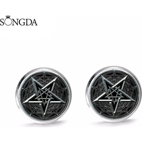 Supernatural Pentagram Wiccan Stud Earrings Gothic Devils Trap Geometric Art Glass Round Earrings for Men Women Jewelry
