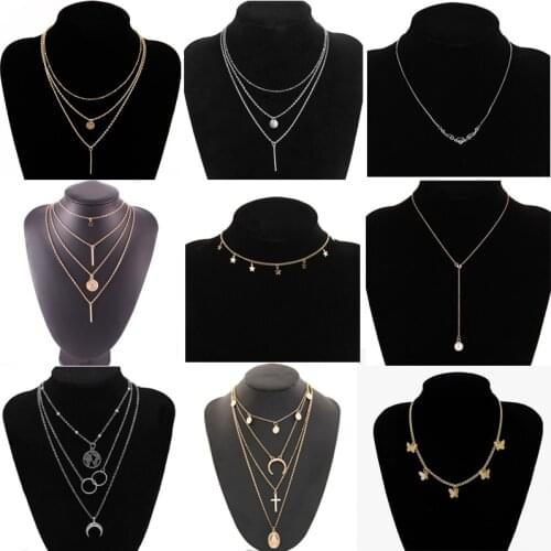Vintage Multilayer Butterfly Pendant Necklaces For Women Fashion Moon Star Charm Gold Choker Necklace Bohemian Jewelry Party