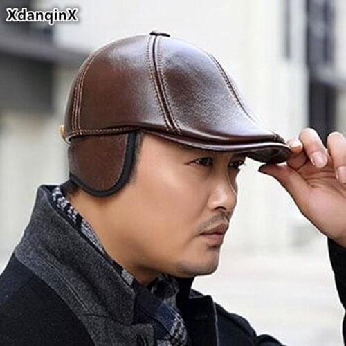 XdanqinX Cowhide Leather Hat Autumn Winter Mens Genuine Leather Berets Thick Warm Earmuffs Hats Bone Fashion Snapback Dads Hat