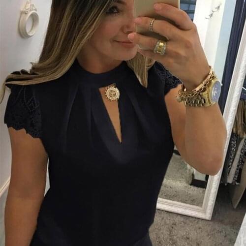 40# Elegant V-neck Lace Women Blouse Casual Solid Loose Short Sleeve Tops For Women Summer Pullover Plus Size Blouse Roupas