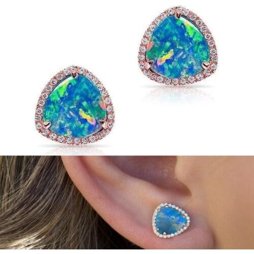 2020 NEW 13MM Round Blue Fire Opal Stud Earrings For Women yellow gold color Filled Jewelry Cute Earrings