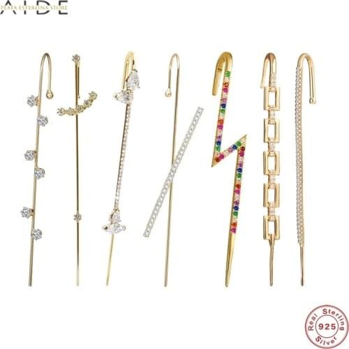 Aide 925 Silver Zircon Stud Earrings For Women Ear Bone Climber Clip Diagonal Piercing Chain Pin Ear Wrap Crawler Hook Earring