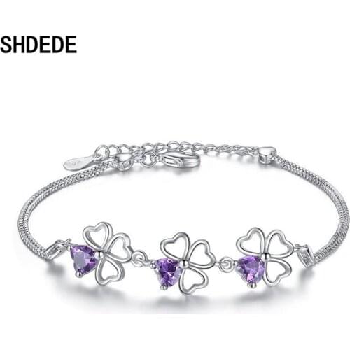 SHDEDE Casual Clover Bracelet for Female CZ Crystal Heart Charm Bracelet Women Bridal Wedding Fashion Jewelry Gift Purple -WH64