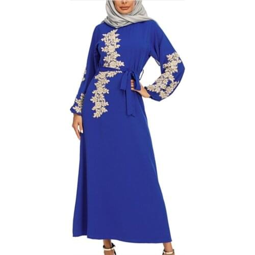 Muslim New Ethnic Style Womens Robe Elegant And Dignified Embroidery Long Swing Dress Nail Pearl Arab Islam Blue