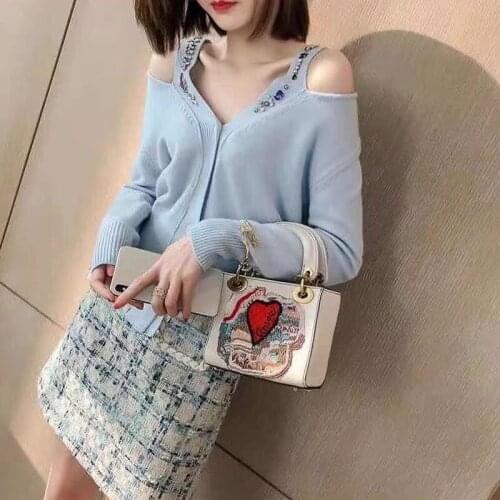 Off-Shoulder Sexy Sweater Cardigan Hollow Out Single Breasted Elegant Long Sleeve Spring 2021 Ladies Knitted Tops Women 2021 Y2K