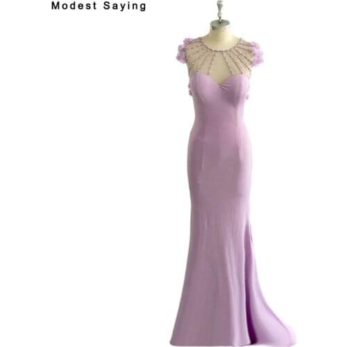 Real Sexy See Through Purple Mermaid Flowers Beaded Evening Dresses 2017 with Crystal Formal Women Long Party Prom Gowns BE128