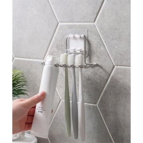2 in 1 Stainless Steel Toothbrush Holder No-trace Punch-free Sticking Toothpaste Rack Razor Shelf Organizers For Bathroom
