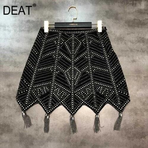 DEAT 2021 New Arrivals Autumn Winter Black Diamonds Tassel Skirt Pattern Hot Drill Chain Fringed Women MH177