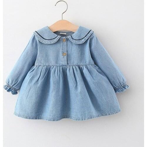 Spring and Autumn New Girls' Long Sleeve Lapel Denim Dress Baby Embroidery Kitten College Style Bead Princess Dress